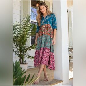 Natural Life Rebecca Midi Dress XXL Boho Patchwork Floral Beachy Flowy Pockets